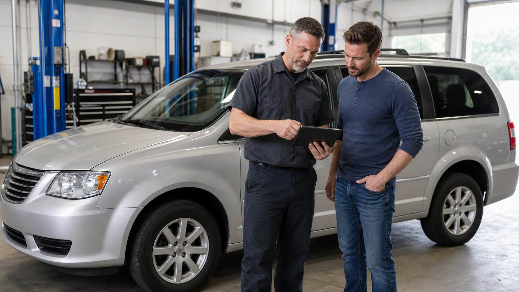 Vehicle owner reviewing repair information with an automotive professional